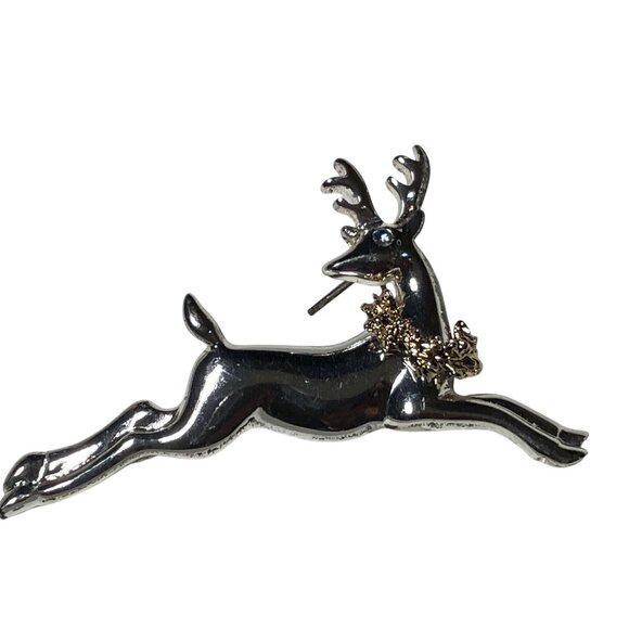 Silver-Tone Reindeer Brooch With Gold-Tone Wreath By Villager - Picture 9 of 13